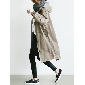 Drawstring Hooded Trench Coat, Casual Solid Long Sleeve Outerwear, Women's Clothing