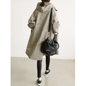 Drawstring Hooded Trench Coat, Casual Solid Long Sleeve Outerwear, Women's Clothing