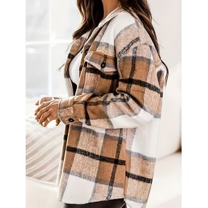 Plaid Print Pocket Button Front Jacket, Casual Collared Long Sleeve Outerwear, Women's Clothing