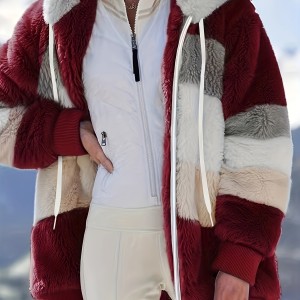 Color Block Hooded Teddy Coat, Casual Zip Up Long Sleeve Winter Warm Outerwear, Women's Clothing