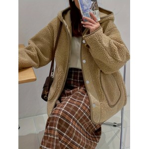 Solid Hooded Teddy Coat, Casual Button Front Long Sleeve Winter Outerwear, Women's Clothing