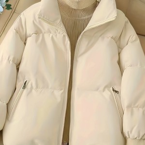 Solid Zip Front Coat, Casual Stand Collar Long Sleeve Fall & Winter Warm Outerwear, Women's Clothing