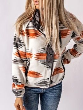 Aztec Print Button Front Jacket, Boho Long Sleeve Outerwear, Women's Clothing