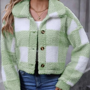 Plaid Teddy Coat, Casual Button Front Long Sleeve Winter Warm Outerwear, Women's Clothing