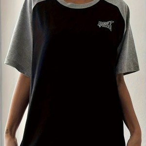 Letter Print Colorblock Crew Neck T-Shirt, Casual Raglan Sleeve Top For Spring & Summer, Women's Clothing