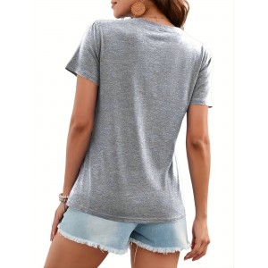 Cute Owl Print V Neck T-Shirt, Casual Short Sleeve T-Shirt For Spring & Summer, Women's Clothing