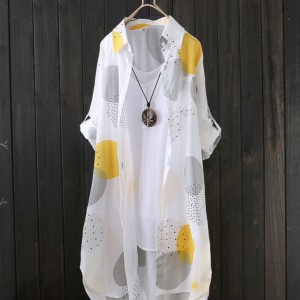 Allover Print Button Front Blouse, Casual Long Sleeve Thigh Length Blouse For Spring & Fall, Women's Clothing