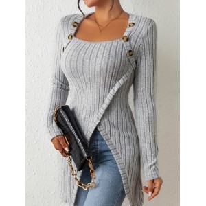 Button Decor Asymmetrical Hem T-Shirt, Casual Ribbed Long Sleeve Top For Spring & Fall, Women's Clothing