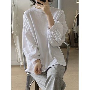 Solid Crew Neck T-Shirt, Casual Lantern Sleeve Top For Spring & Fall, Women's Clothing