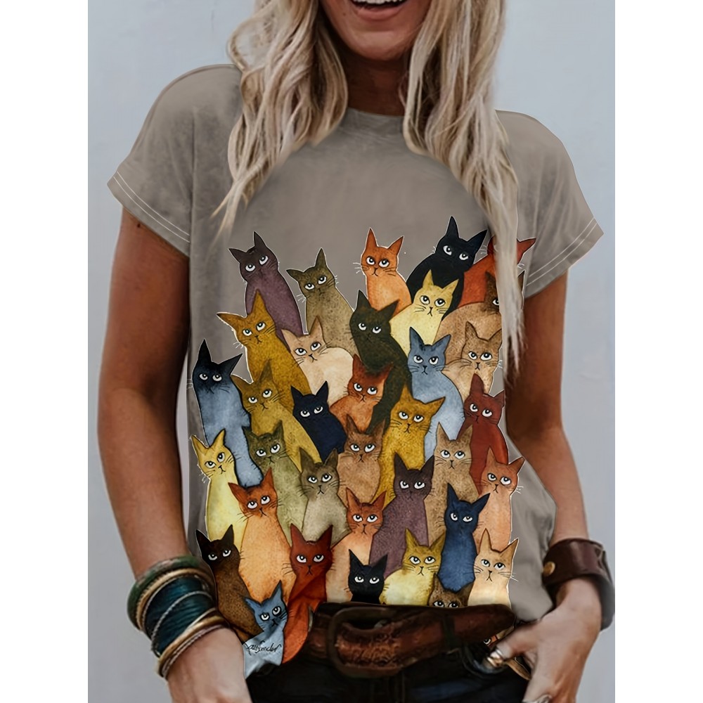 Cat Print Crew Neck T-Shirt, Casual Short Sleeve T-Shirt For Spring & Summer, Women's Clothing