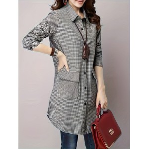 Button Front Long Top, Casual Long Sleeve Long Shirt, Women's Clothing