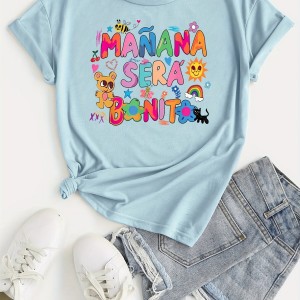 Cartoon Print T-Shirt, Short Sleeve Crew Neck Casual Top For Summer & Spring, Women's Clothing