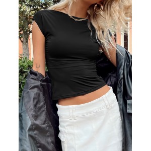 Y2K Solid Backless T-shirt, Sexy Cap Sleeve Crew Neck Slim Versatile T-shirt, Women's Clothing