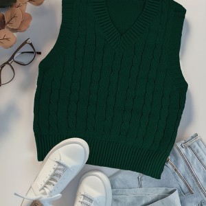 Twist Pattern V Neck Sweater Vest, Y2K Sleeveless Vest For Spring & Fall, Women's Clothing
