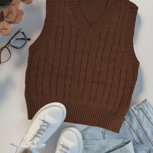 Twist Pattern V Neck Sweater Vest, Y2K Sleeveless Vest For Spring & Fall, Women's Clothing
