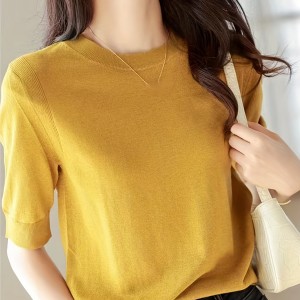 Half Sleeve Knit Swearter, Casual Crew Neck Solid Sweater For Spring & Summer, Women's Clothing