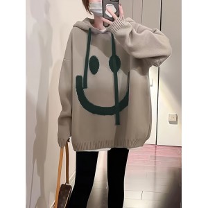 Smile Face Pattern Oversized Hoodies, Casual Drawstring Long Sleeve Sweater, Women's Clothing