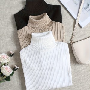 Solid Turtle Neck Rib Knit Sweater 3 Pack, Elegant Long Sleeve Slim Versatile Sweater, Women's Clothing