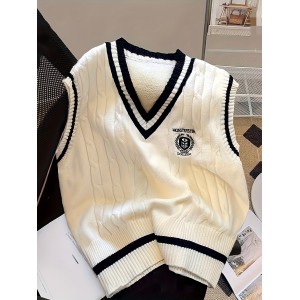 Badge Pattern V Neck Knitted Vest, Casual Sleeveless Preppy Style Sweater, Women's Clothing