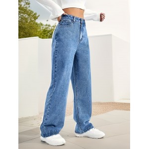 Loose Fit Washed Straight Jeans, Slant Pockets Non-Stretch Denim Pants, Women's Denim Jeans & Clothing