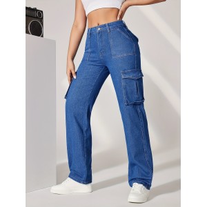 Blue Flap Pockets Cargo Pants, Loose Fit High Waist Y2K & Kpop Style Straight Jeans, Women's Denim Jeans & Clothing