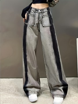 Contrast Color Casual Baggy Jeans, Loose Fit Non-Stretch Washed Wide Legs Jeans, Women's Denim Jeans & Clothing