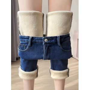 Fleece Liner Washed Skinny Jeans, Mid-Stretch Keep Warm Slim Fit Tight Jeans, Women's Denim Jeans & Clothing