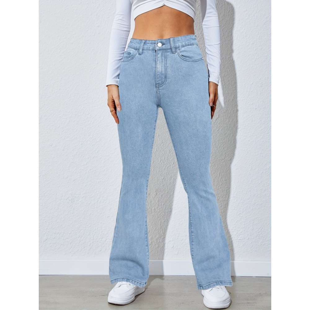 High Waist High Strech Light Blue Bootcut Jeans, Zipper Button Closure Flare Leg Causal Denim Pants, Women's Denim Jeans & Clothing