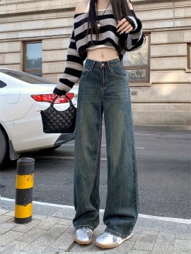 Loose Fit Washed Baggy Jeans, Loose Fit Non-Stretch Wide Legs Jeans, Women's Denim Jeans & Clothing